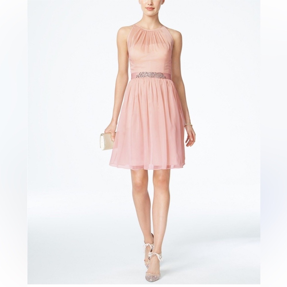 Adrianna Papell Blush Pink Belted Chiffon Sleeveless Halter Mini Dress Size 10